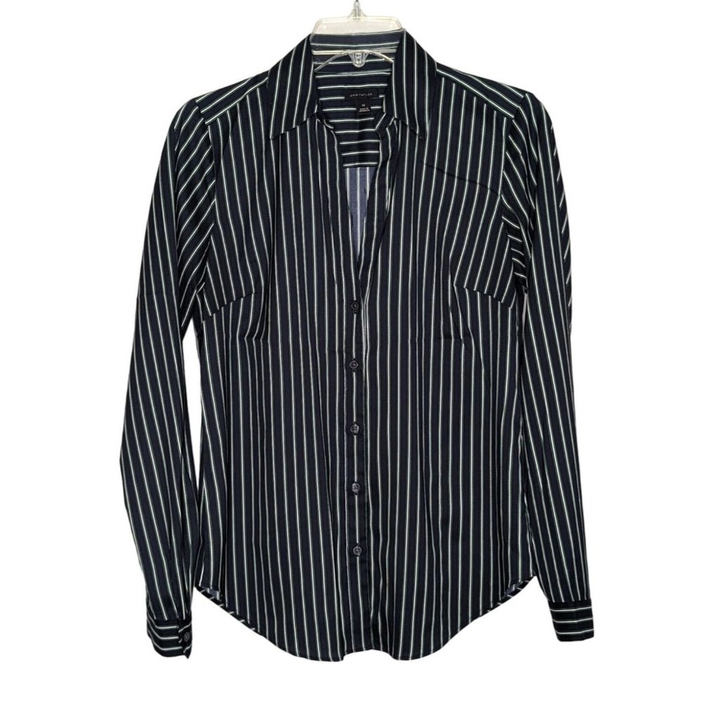 Ann Taylor long sleeve button front navy blue with white green stripes blouse XS